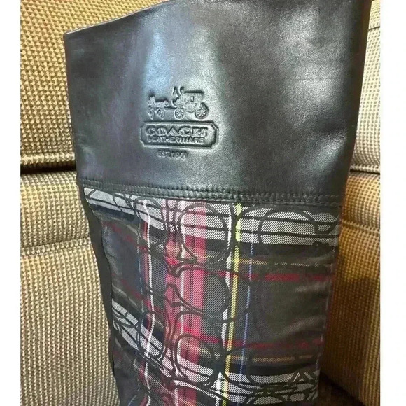 COACH CHRISSI BLACK LEATHER WITH MONOGRAM LOGO PLAID EQUESTRIAN BOOTS SIZE 8.5 - Picture 4 of 10